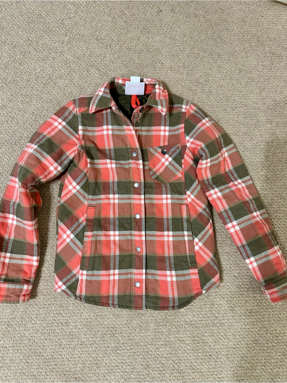 Obermeyer Coral, Olive & Cream Plaid Quilted Shirt Jacket - Girls Small 6/8